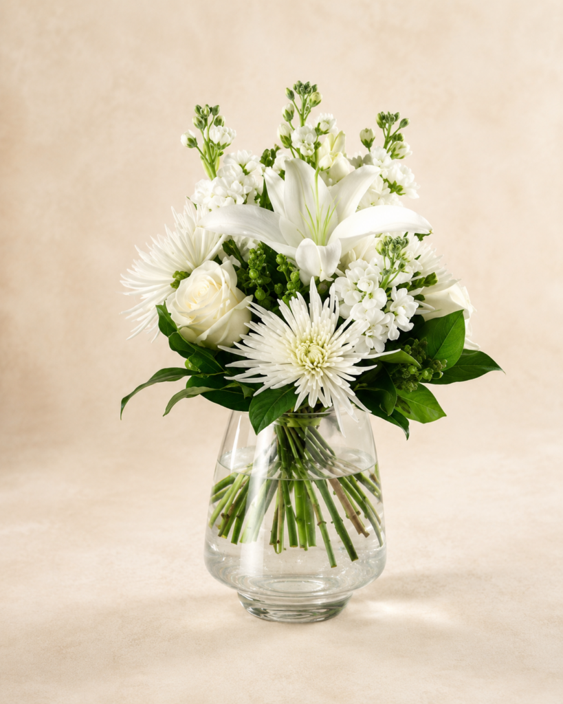 Ivory Bloom white flower arrangement with white lilies, roses, spider mums, seasonal accents, and greenery in a clear glass vase by a Santa Monica flower studio.