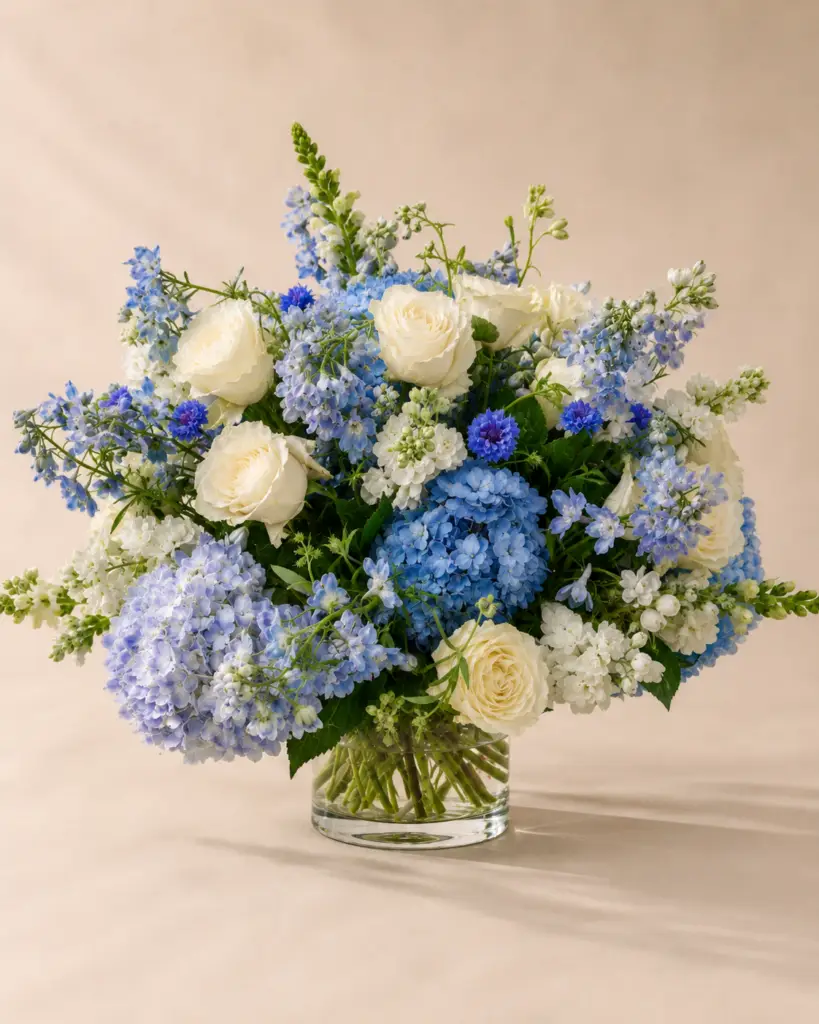 Moonlit Garden blue and white flower arrangement with white roses, blue hydrangea, delphinium, white stock, and seasonal blooms in a clear glass vase by a Santa Monica florist.